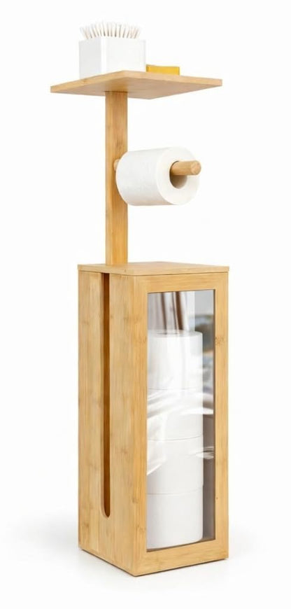 Toilet Paper Holder Stand - Storage Stand,Holds 3 Rolls Toilet Paper Storage with Lid,with Free Standing Toilet Paper Holder and Top Shelf for Kitchen, Pantry,Toilet and Bathroom (Natural Bamboo)