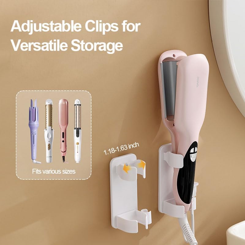 Wall-Mounted Hair Tool Organizer, Adjustable Clamp, Compact Holder for Curling Iron and Styling Tools, Bathroom Vanity Storage, White