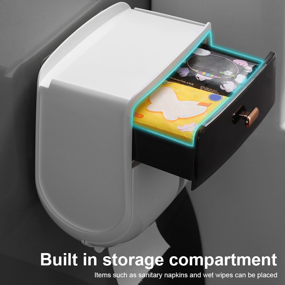 Toilet Paper Holder Wall Mount, Self Adhesive Paper Towels Holder with Drawer and Shelf Watertight Tissue Dispenser Semi-Auto Switch Toilet Tissue Roll Holders for Bathroom(Black)