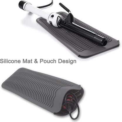 Heat Resistant Mat for Hair Tools, Silicone Heat Mat & Holder for Curling Iron, Professional Portable Travel Flat Iron Mat Pad Pouch Case Cover for Countertop