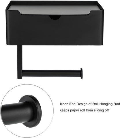 Matte Black Toilet Paper Holder Tissue Roll Hanger with Shelf Flushable Wipes Dispenser Storage Box Large Stainless Steel Bathroom Lavatory Hardware Wall Mount Adhesive