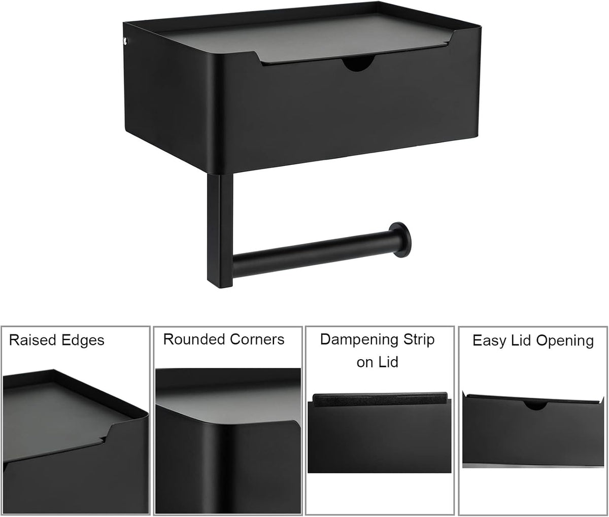Matte Black Toilet Paper Holder Tissue Roll Hanger with Shelf Flushable Wipes Dispenser Storage Box Large Stainless Steel Bathroom Lavatory Hardware Wall Mount Adhesive