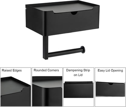 Matte Black Toilet Paper Holder Tissue Roll Hanger with Shelf Flushable Wipes Dispenser Storage Box Large Stainless Steel Bathroom Lavatory Hardware Wall Mount Adhesive