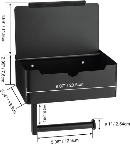 Matte Black Toilet Paper Holder Tissue Roll Hanger with Shelf Flushable Wipes Dispenser Storage Box Large Stainless Steel Bathroom Lavatory Hardware Wall Mount Adhesive
