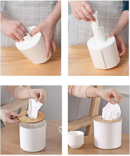 Toilet Paper Roll Dispenser with Bamboo Lid, Decorative Round Paper Holder, Bathroom Tissue Box Cover
