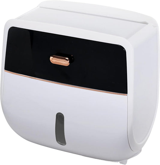 Toilet Paper Holder Wall Mount, Self Adhesive Paper Towels Holder with Drawer and Shelf Watertight Tissue Dispenser Semi-Auto Switch Toilet Tissue Roll Holders for Bathroom(Black)