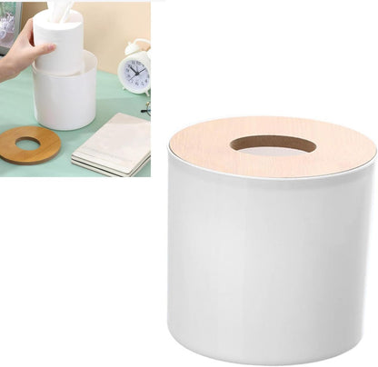 Round Tissue Box Holder with Wood Lid, Decorative Toilet Paper Roll Dispenser & Cover for Bathroom, Living Room - Stylish Storage Organizer (White)