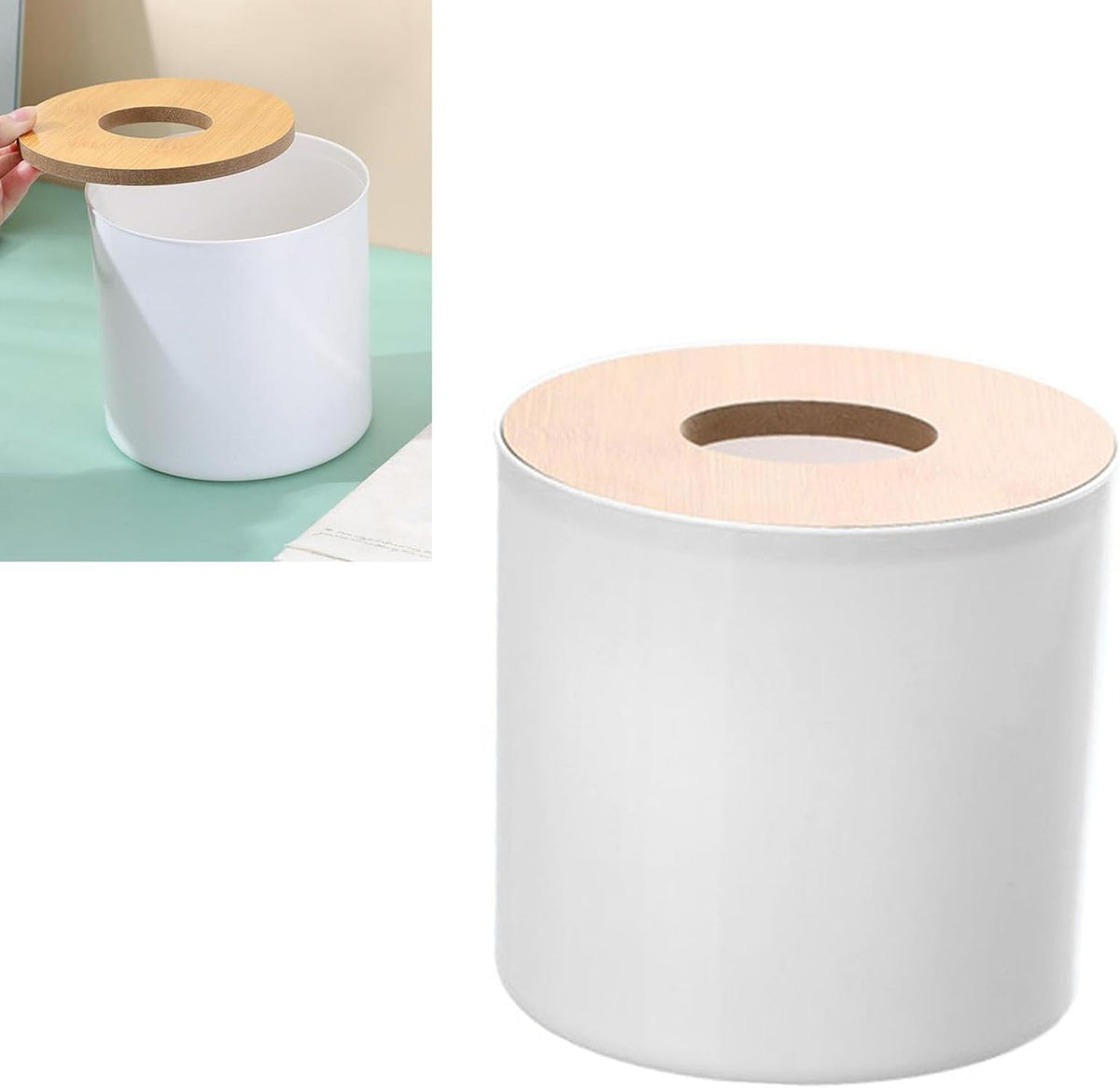 Round Tissue Box Holder with Wood Lid, Decorative Toilet Paper Roll Dispenser & Cover for Bathroom, Living Room - Stylish Storage Organizer (White)