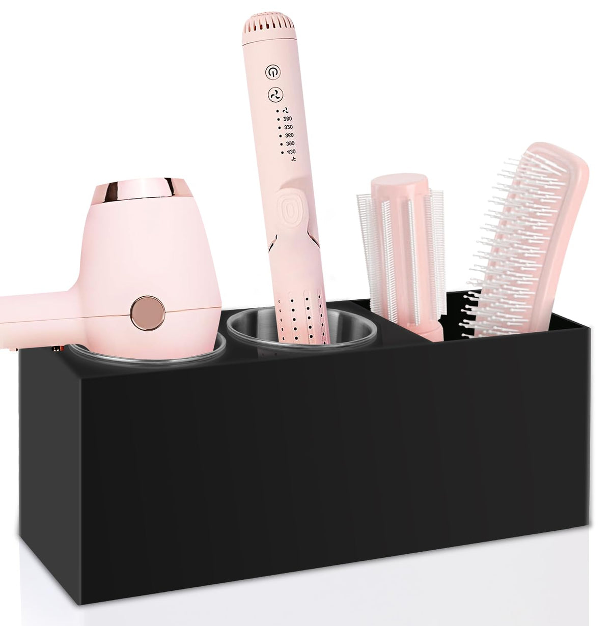 Hair Tool Organizer, Hair Dryer Holder with Heatproof Steel Cups, Acrylic Vanity Organizer for Curling Iron, Flat Iron & Hair Brushes, Perfect for Bathroom (White, Standard)