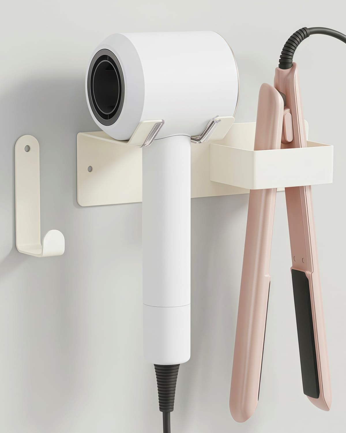 Hair Dryer Holder, Dyson Hair Dryer Holder, Blow Dryer Holder with Cord Hook SUS304 Stainless Steel Wall Mount, Self Adhesive/Screw Space Saving Hairdryer Holder for Bathroom White