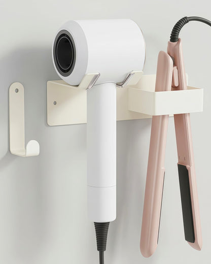 Hair Dryer Holder, Dyson Hair Dryer Holder, Blow Dryer Holder with Cord Hook SUS304 Stainless Steel Wall Mount, Self Adhesive/Screw Space Saving Hairdryer Holder for Bathroom White