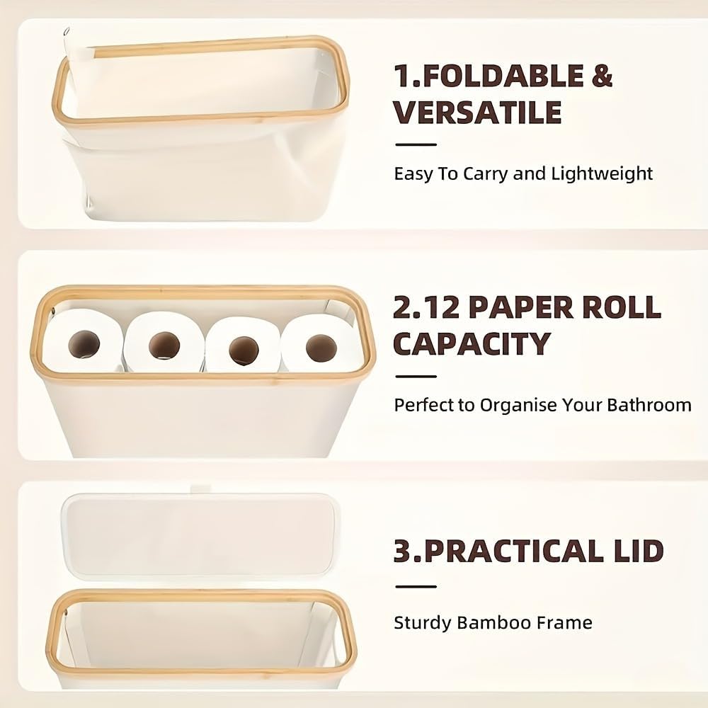 SENMOK 12-Roll Toilet Paper Storage with Lid, Bamboo Frame,Black