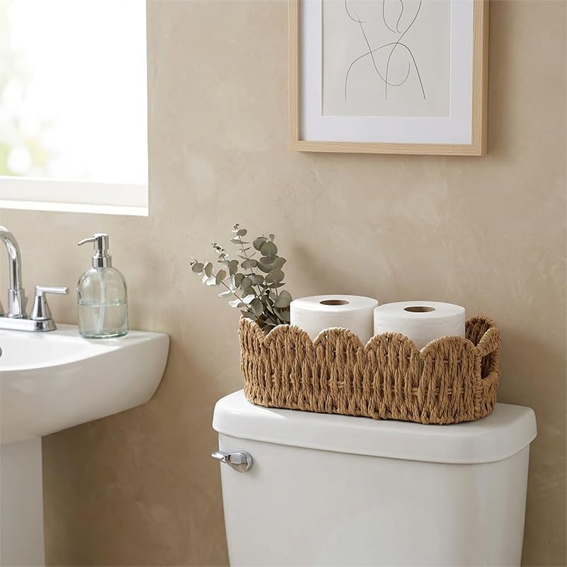 Scalloped Toilet Tank Basket, Back of Toilet Paper Basket