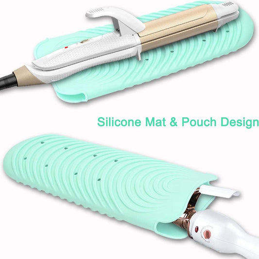 Heat Resistant Mat for Hair Tools, Silicone Heat Mat & Holder for Curling Iron, Professional Portable Travel Flat Iron Mat Pad Pouch Case Cover for Countertop
