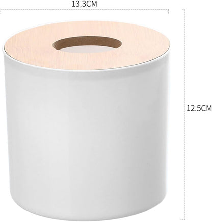 Round Tissue Box Holder with Wood Lid, Decorative Toilet Paper Roll Dispenser & Cover for Bathroom, Living Room - Stylish Storage Organizer (White)