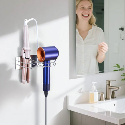 Blow Dryer and Straightener Holder, Metal Hair Dryer Holder Wall Mounted, No Drill Self Adhesive Hair Tool Organizer for Flat Iron, Hairdryer Holder for Bathroom Salon Vanity (Silver)