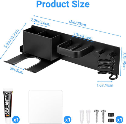 Hair Dryer Holder Wall Mount with 2 Storage Compartments, Aerospace Aluminum Blow Dryer Curling Iron Flat Iron Holder, No Drill Adhesive Bathroom Hair Tool Organizer, Heat Resistant (Black)