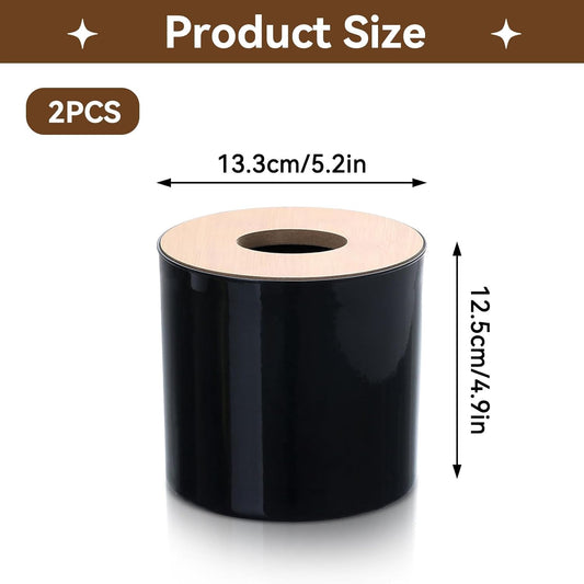 2PCS Tissue Box Cover, Toilet Paper Storage with Lid Round Toilet Paper Roll Cover Wooden Dispenser for Bathroom Kitchen (Black)