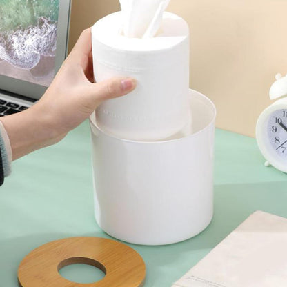 Round Tissue Box Holder with Wood Lid, Decorative Toilet Paper Roll Dispenser & Cover for Bathroom, Living Room - Stylish Storage Organizer (White)