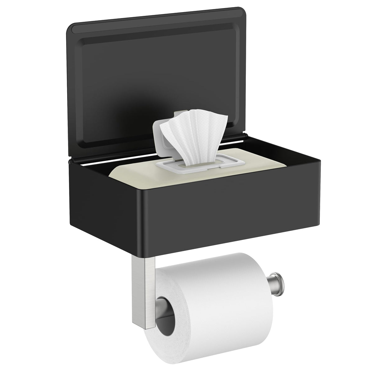 FORIOUS Toilet Paper Holder with Shelf, Wall-Mounted Modern Wipes Dispenser