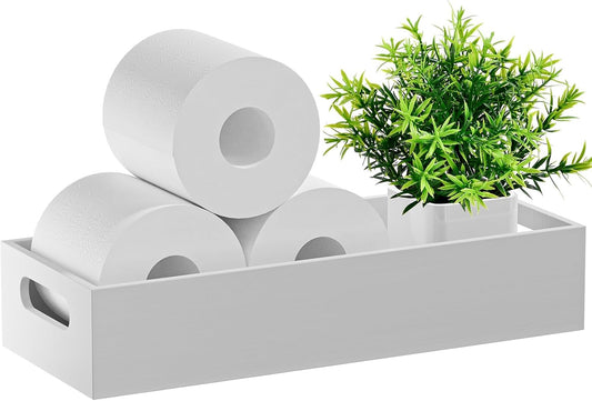 Tank Bamboo Bathroom Tray, Back Toilet Paper Holder Basket Storage, White
