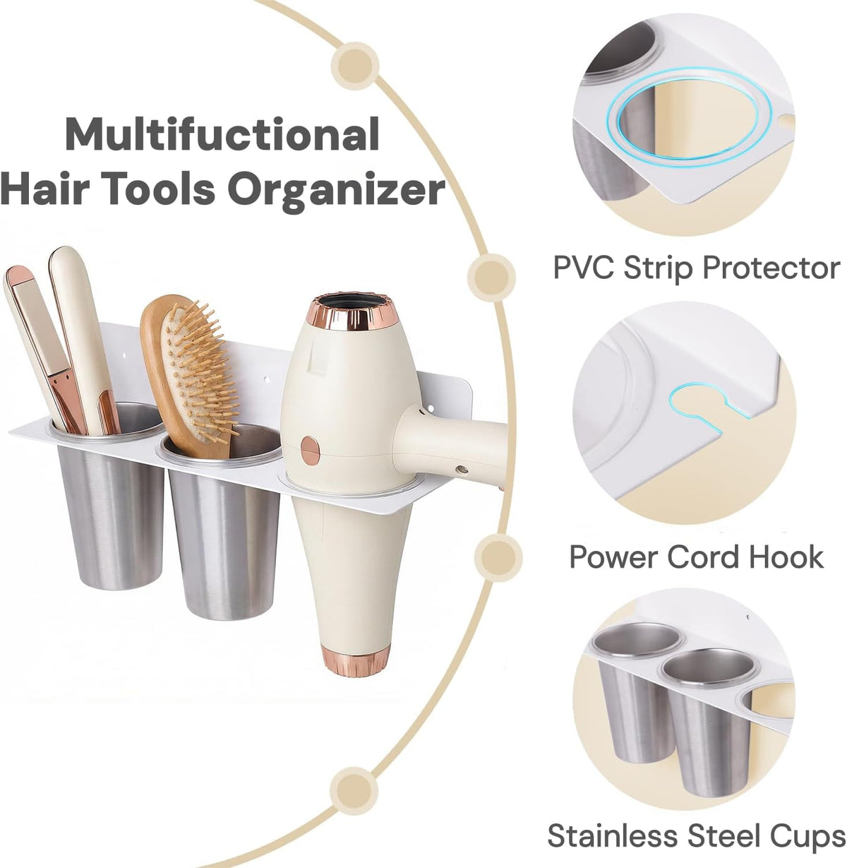 Hair Tool Organizer Wall Mount, Aluminum Alloy Curling Iron Holder Wall Mount, Hair Dryer and Straightener Holder with 2 Stainless Steel Cups 3-in-1 Storage for Bathroom Vanity Salon White PTALSEAW