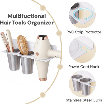 Hair Tool Organizer Wall Mount, Aluminum Alloy Curling Iron Holder Wall Mount, Hair Dryer and Straightener Holder with 2 Stainless Steel Cups 3-in-1 Storage for Bathroom Vanity Salon White PTALSEAW