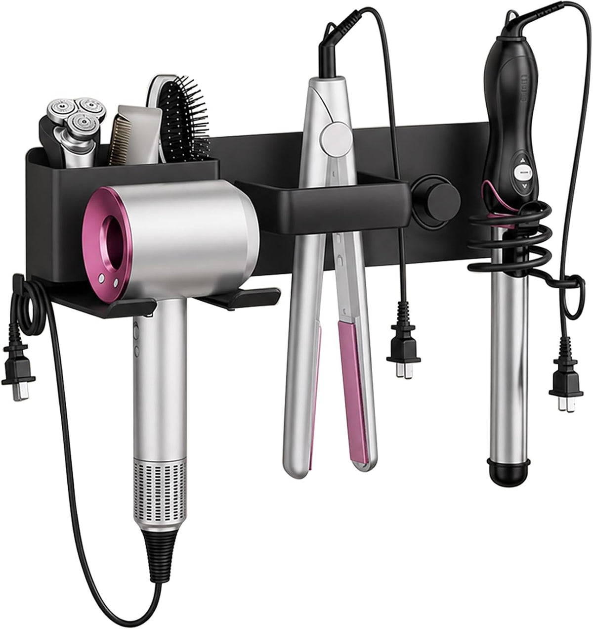 No-Drill Hair Dryer Holder Wall Mount with Storage Compartment for Bathroom
