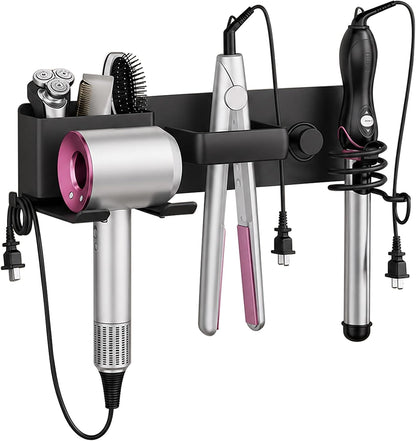 No-Drill Hair Dryer Holder Wall Mount with Storage Compartment for Bathroom