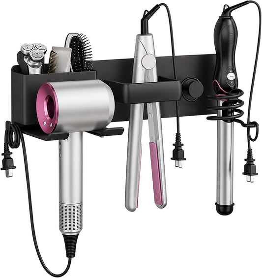 No-Drill Hair Dryer Holder Wall Mount with Storage Compartment for Bathroom