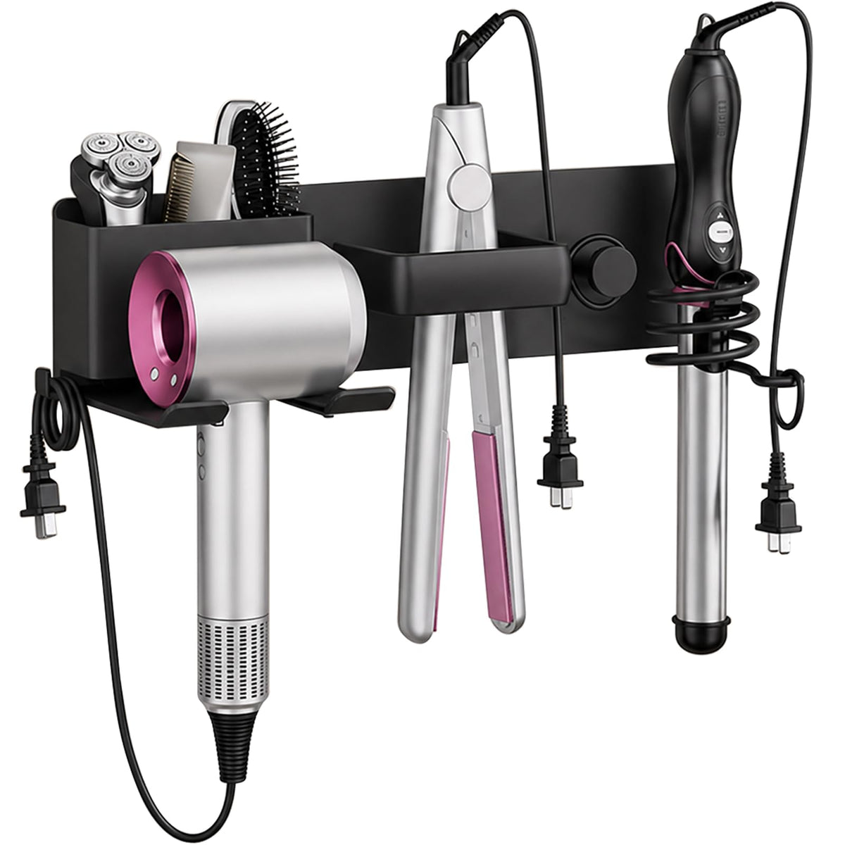 No-Drill Hair Dryer Holder Wall Mount with Storage Compartment for Bathroom