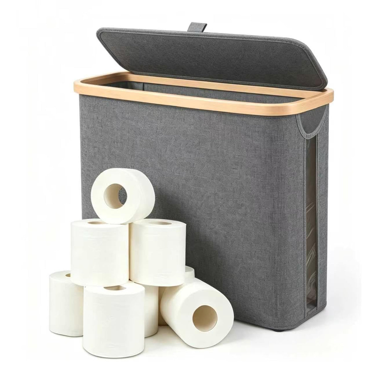 Oxford Fabric Toilet Paper Storage Basket with Lid, Free‑Standing Organizer Basket for Toilet Paper for RV Bathroom (Grey)