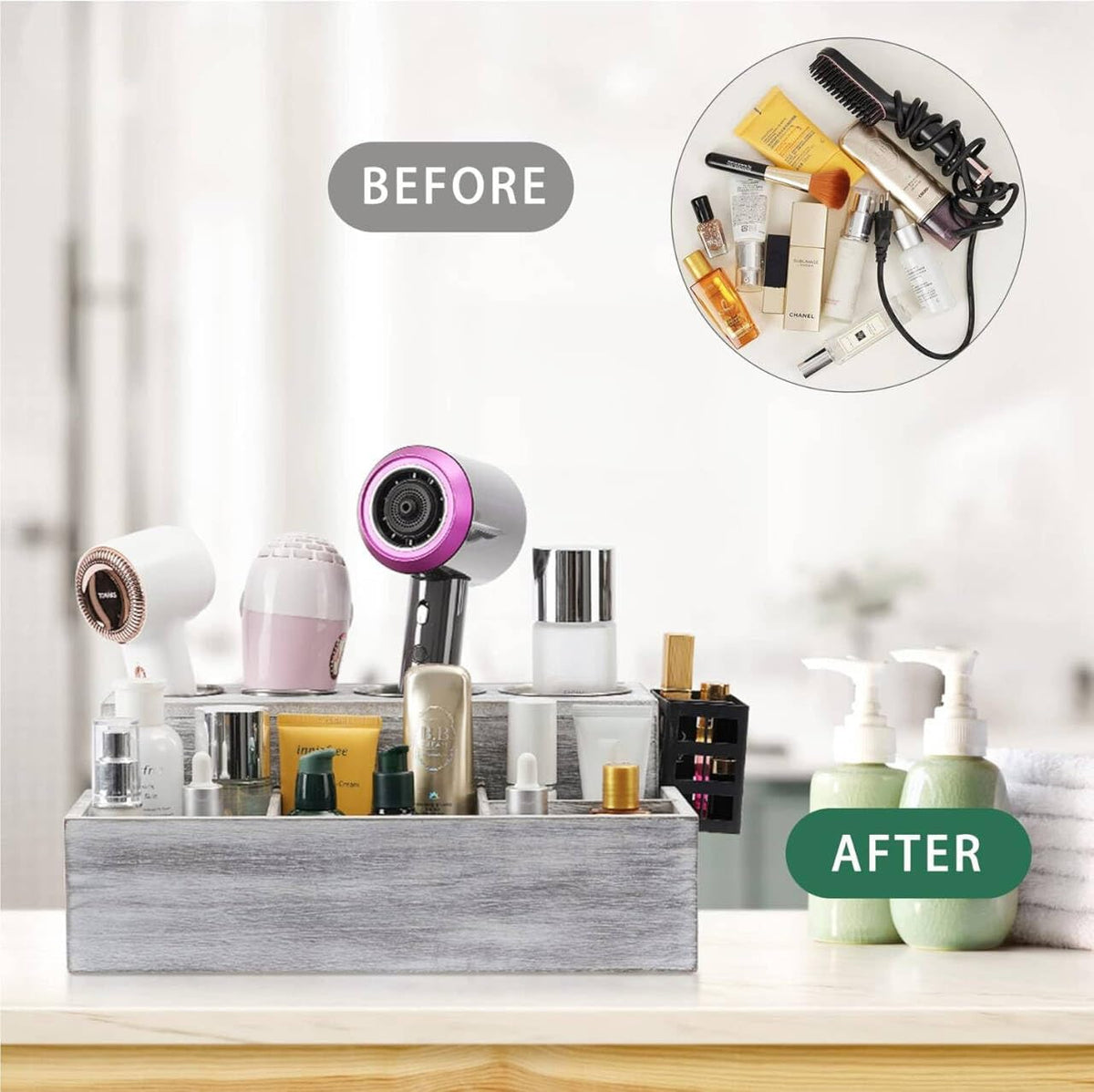 Hair Tool Organizer, Wooden Hair Dryer Holder and Bathroom Countertop Blow Dryer Holder, Vanity Caddy Storage Stand for Accessories, Makeup, Toiletries