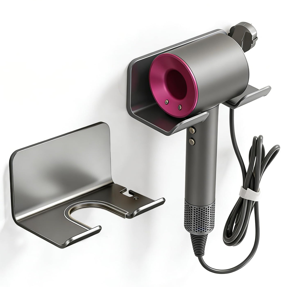 Universal Hair Dryer Holder Wall Mount, Blow Dryer Hanger with Plug Cord Organizer, No Drilling Self Adhesive for Bathroom Cabinet Door Vanity (1PCS, White)