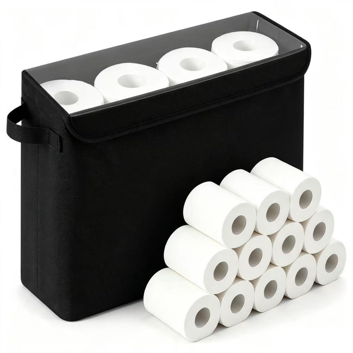 Cupic Cupid Bathroom Toilet Paper Storage - Toilet Paper Baskets with Lid, Holds 12 Regular or 9 Mega Rolls, Extra Cover Slim Tissue Holder Cabinet, Narrow Container Bin Organizer Box Black