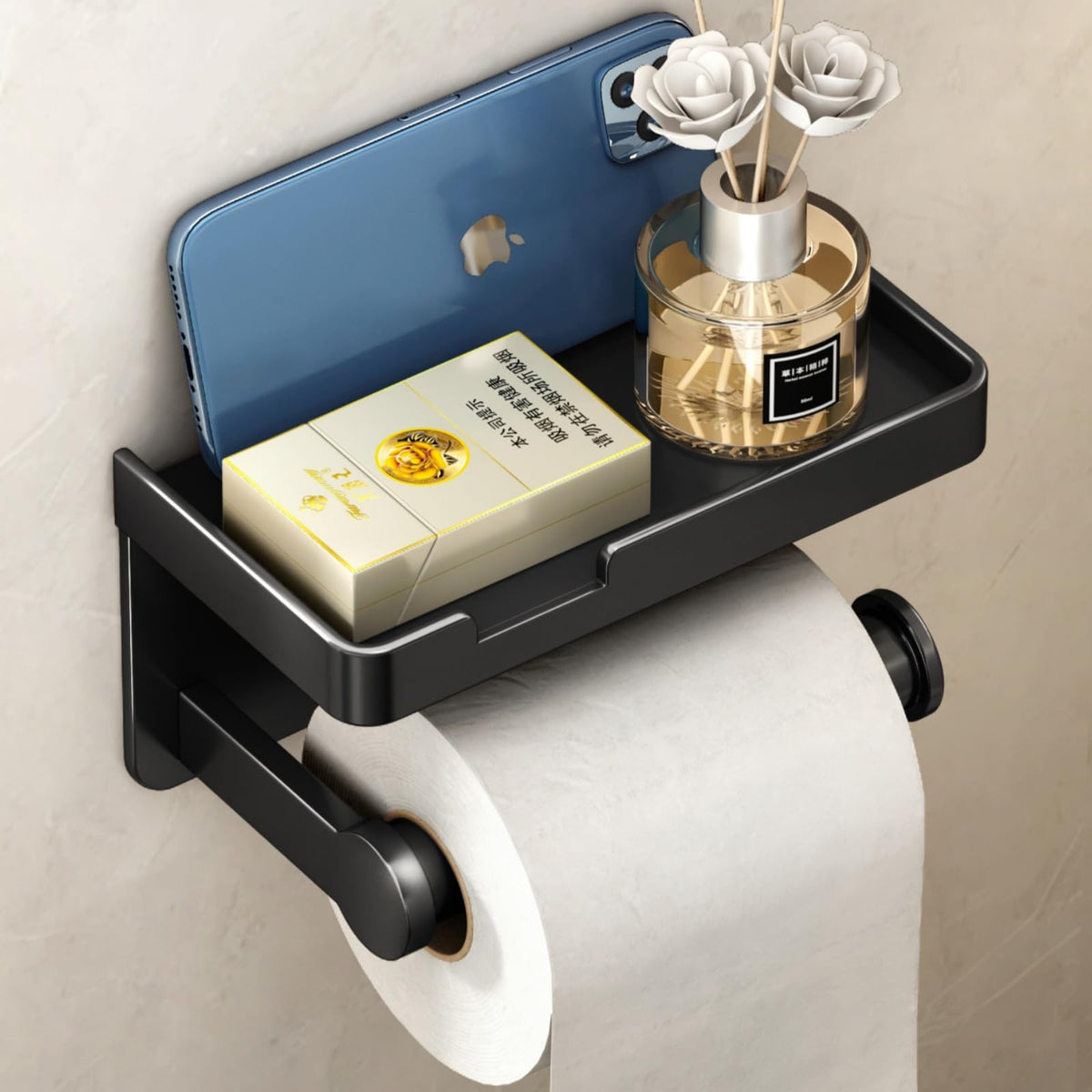 VOLDRA Toilet Paper Holder Stand with Shelf, Free Standing Black Toilet Paper Roll Holder with Wipes Storage Drawer Heavy Duty Floor Bathroom Tissue Holder Freestanding No Drill Tp Holder for 7 Rolls