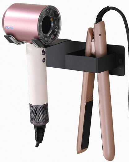 Hair Dryer Holder Wall Mounted, Stainless Steel Blow Dryer Holder for Bathroom, Hair Dryer and Straightener Holder Adhesive or Drilling, Hair Tool Organizer for Salon Barber Shops Black BANJEKT