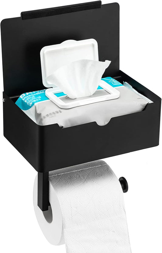 Matte Black Toilet Paper Holder Tissue Roll Hanger with Shelf Flushable Wipes Dispenser Storage Box Large Stainless Steel Bathroom Lavatory Hardware Wall Mount Adhesive