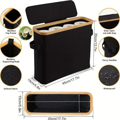 SENMOK 12-Roll Toilet Paper Storage with Lid, Bamboo Frame(Black)