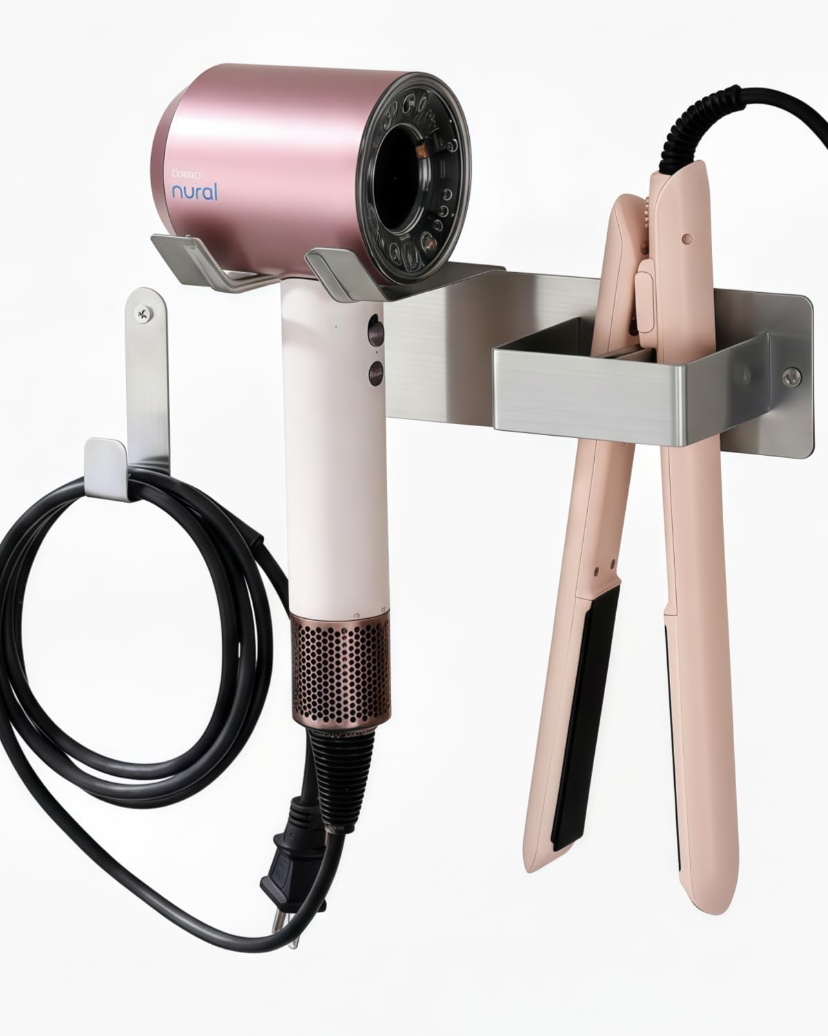 Hair Dryer Holder Wall Mounted, Hair Tool Organizer Wall Mount for Bathroom, Stainless Steel Hair Dryer Holder, Blow Dryer Holder Adhesive/Drilling Hair Dryer and Straightener Holder Black UEMUSI