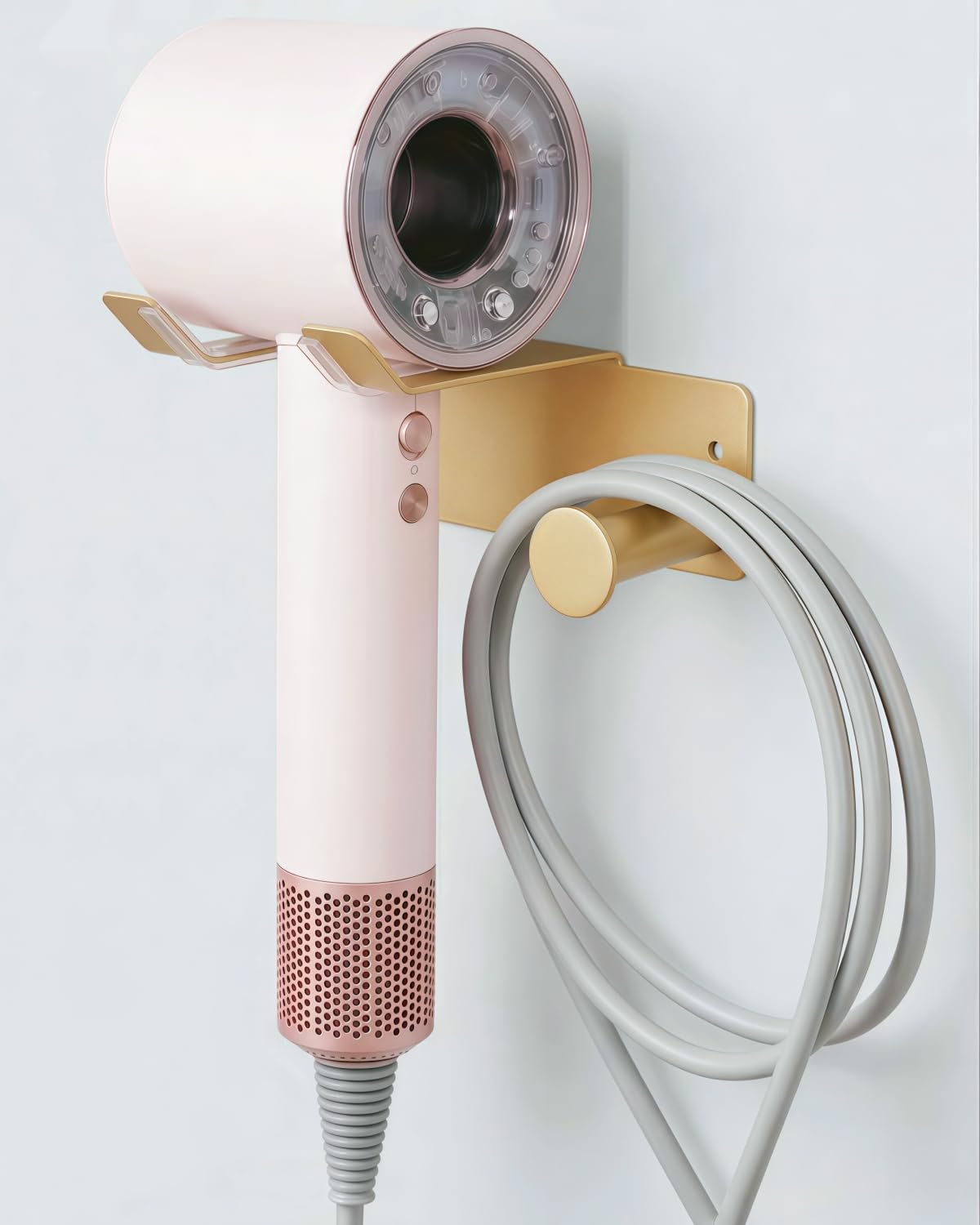Hair Dryer Holder, Dyson Hair Dryer Holder, Blow Dryer Holder with Cord Hook SUS304 Stainless Steel Wall Mount, Self Adhesive/Screw Space Saving Hairdryer Holder for Bathroom White