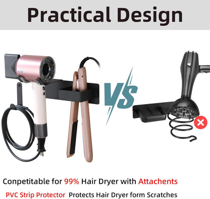 Hair Dryer Holder Wall Mounted, Stainless Steel Blow Dryer Holder for Bathroom, Hair Dryer and Straightener Holder Adhesive or Drilling, Hair Tool Organizer for Salon Barber Shops Black BANJEKT