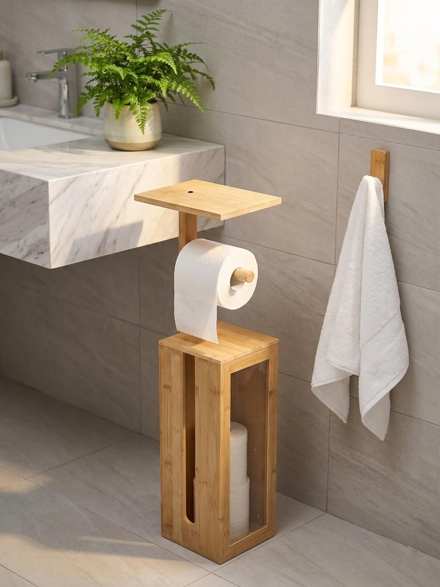 Toilet Paper Holder Stand - Storage Stand,Holds 3 Rolls Toilet Paper Storage with Lid,with Free Standing Toilet Paper Holder and Top Shelf for Kitchen, Pantry,Toilet and Bathroom (Natural Bamboo)