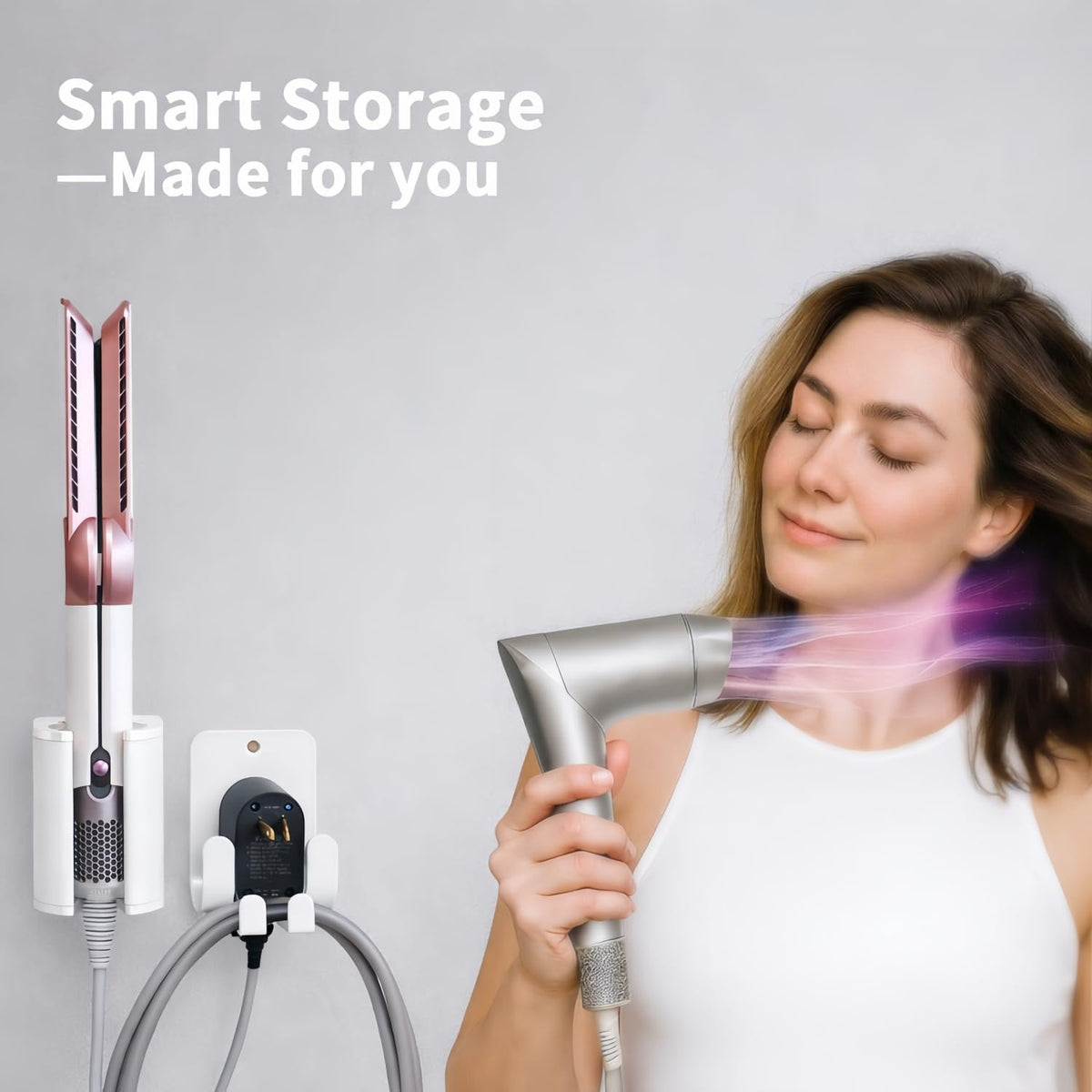Dyson Airwrap Holder, Aluminum Curling Iron Holder Wall Mount for Dyson Airwrap/Airstraight/Shark Flex Style, Flat IronHolder for Bathroom Storage, White
