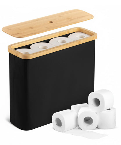 BAMBOO LAND- Toilet Paper Storage with Bamboo Lid for 12 Rolls, Beige, Waterproof Bamboo Toilet Paper Holder Basket