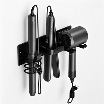 Hair Dryer Holder Wall Mount, 3 in 1 Hair Tool Organizer for Bathroom with Curling Iron & Flat Iron Holders, Blow Dryer Holder for Hairs Tool Storage, Black