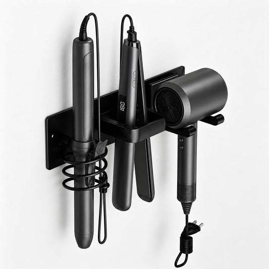 Hair Dryer Holder Wall Mount, 3 in 1 Hair Tool Organizer for Bathroom with Curling Iron & Flat Iron Holders, Blow Dryer Holder for Hairs Tool Storage, Black