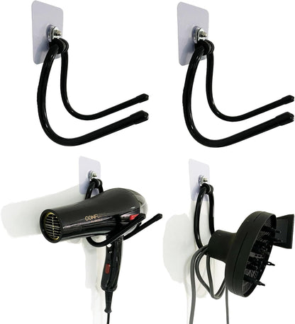Universal Hair Dryer Holder, Blow Dryer Hanger Hook Wall Mount for Hair Dryer, Towels, Flat Iron,Hair Straightener &Cord Organizer for Cabinet Bathroom - Self Adhesive/Drilling - 2 Pack