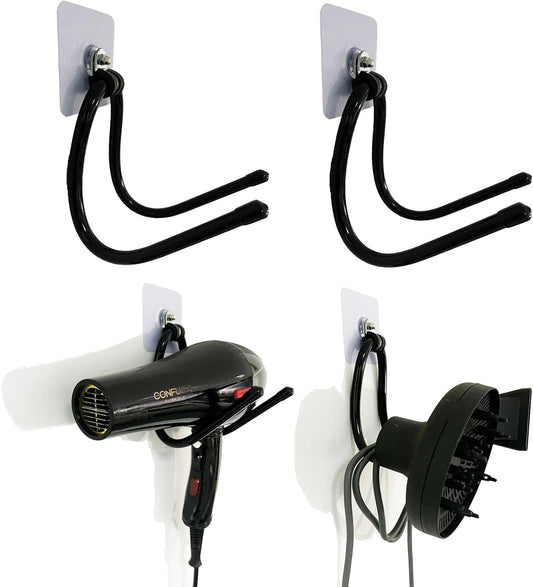 Universal Hair Dryer Holder, Blow Dryer Hanger Hook Wall Mount for Hair Dryer, Towels, Flat Iron,Hair Straightener &Cord Organizer for Cabinet Bathroom - Self Adhesive/Drilling - 2 Pack