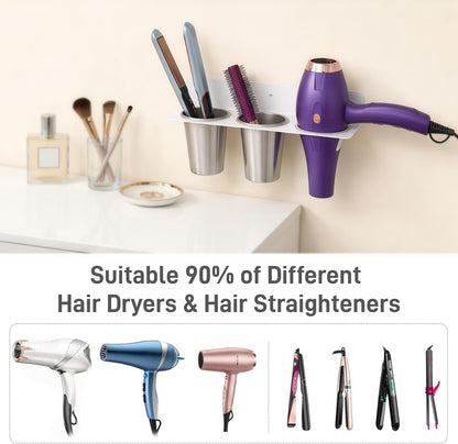 Hair Tool Organizer Wall Mount, Aluminum Alloy Curling Iron Holder Wall Mount, Hair Dryer and Straightener Holder with 2 Stainless Steel Cups 3-in-1 Storage for Bathroom Vanity Salon White PTALSEAW